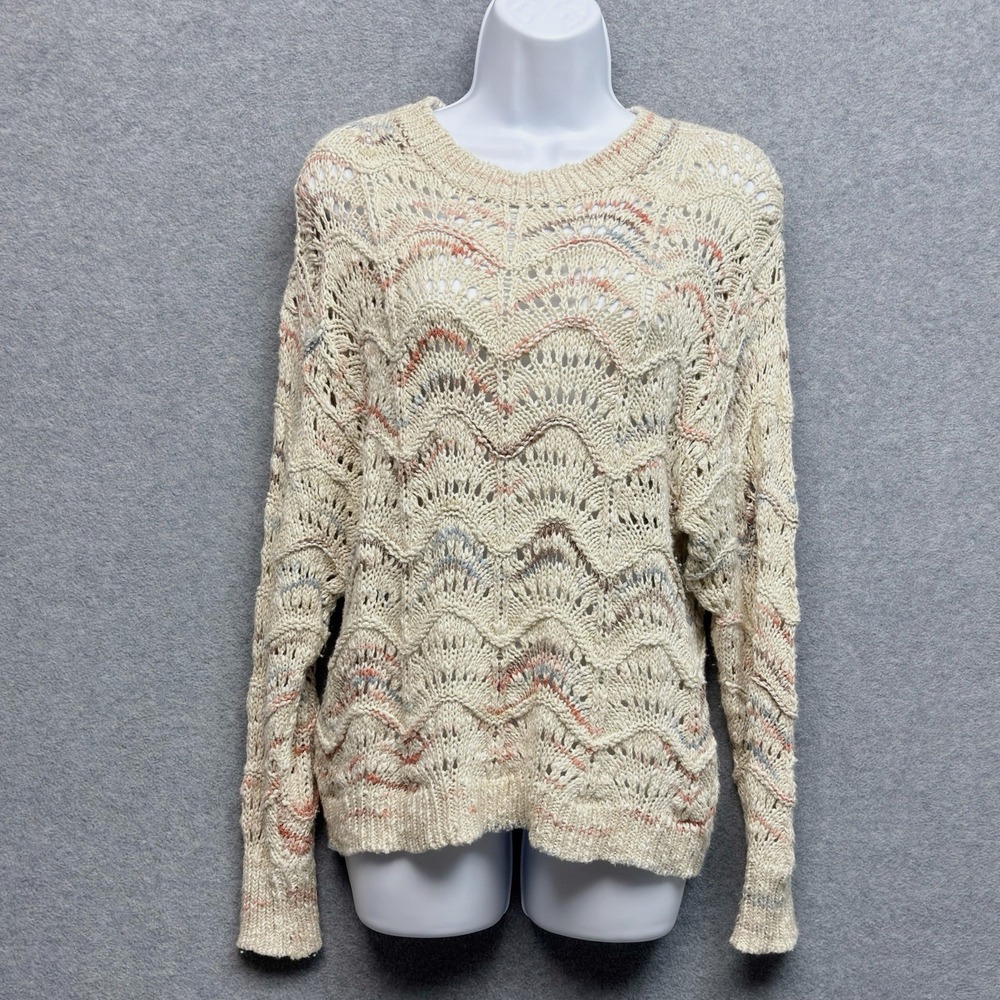 ANA Open Crochet Cotton Blend Sweater Grandma Cottage Size S Beige Twee Beach